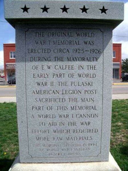 PULASKI COUNTY WORLD WAR I MEMORIAL SIDE B