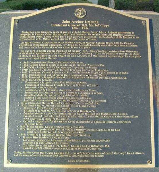 LIEUTENANT GENERAL JOHN ARCHER LEJEUNE MEMORIAL PLAQUE