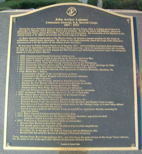 LIEUTENANT GENERAL JOHN ARCHER LEJEUNE MEMORIAL PLAQUE