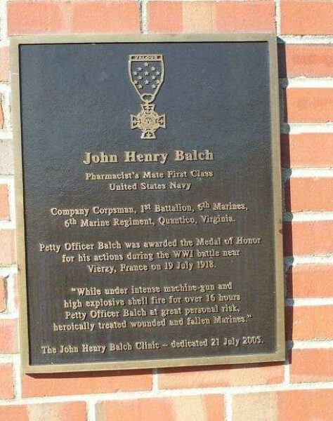 JOHN HENRY BALCH MEDAL OF HONOR MEMORIAL PLAQUE