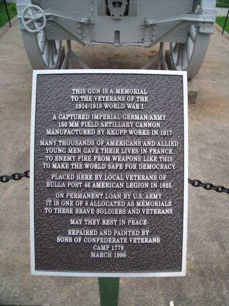 GUN MEMORIAL TO THE VETERANS OF THE 1914-1918 WORLD WAR I PLAQUE