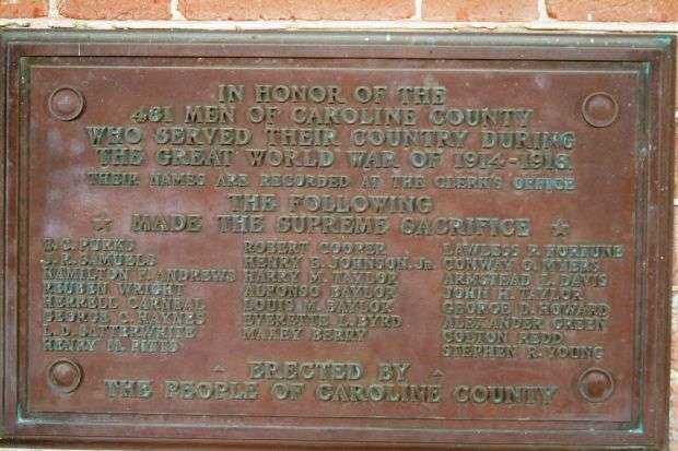 CAROLINE COUNTY WORLD WAR I MEMORIAL PLAQUE