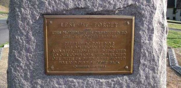 PETERSBURG WORLD WAR MEMORIAL PLAQUE