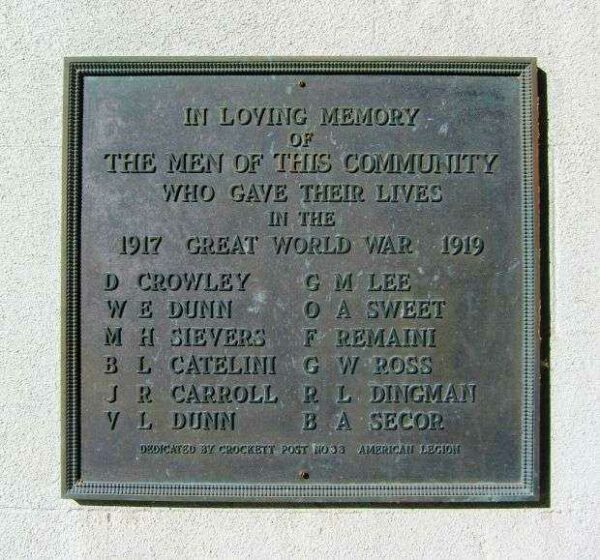 CROCKETT WORLD WAR I MEMORIAL HALL PLAQUE