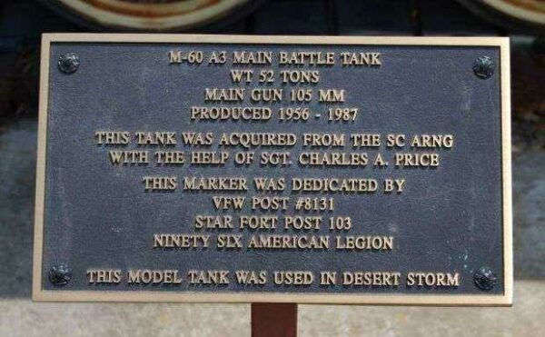 M-60 A3 MAIN BATTLE TANK MEMORIAL PLAQUE