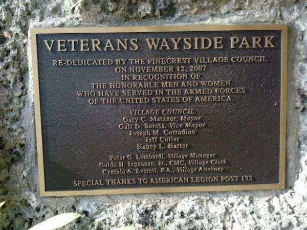 VETERANS WAYSIDE PARK MEMORIAL PLAQUE
