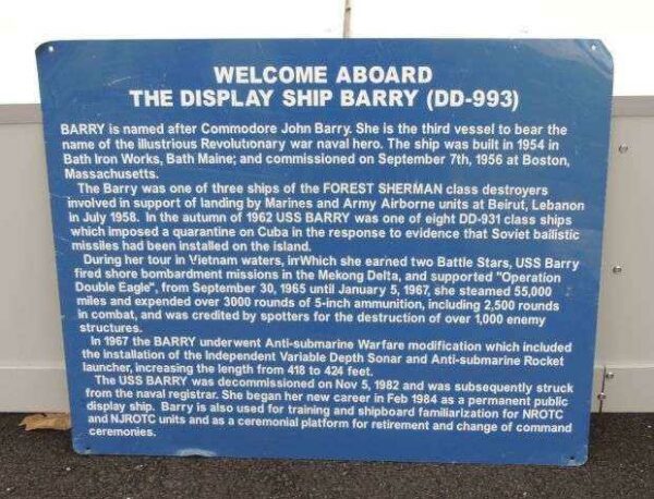 WELCOME ABOARD THE DISPLAY SHIP BARRY (DD-993) MEMORIAL PLAQUE