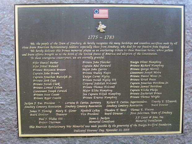 SIMSBURY REVOLUTIONARY WAR MEMORIAL PLAQUE