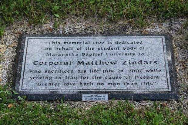 CORPORAL MATTHEW ZINDARS MEMORIAL TREE PLAQUE