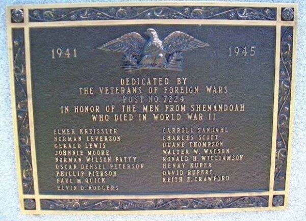 SHENANDOAH WORLD WAR II MEMORIAL PLAQUE A