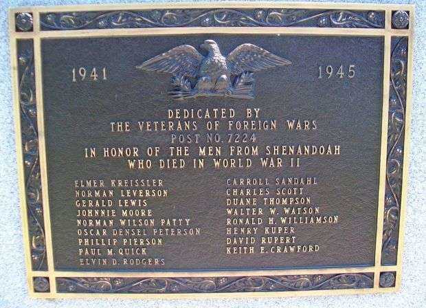 SHENANDOAH WORLD WAR II MEMORIAL PLAQUE A