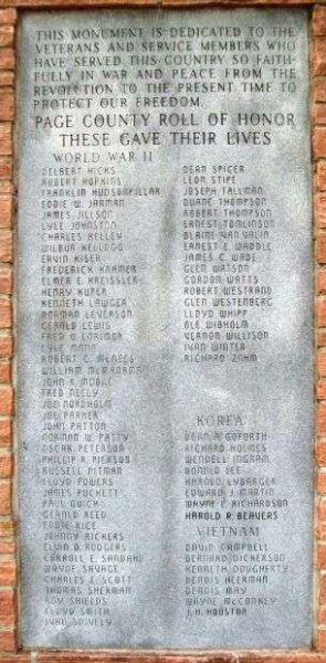 PAGE COUNTY ROLL OF HONOR MEMORIAL GATE TABLET B