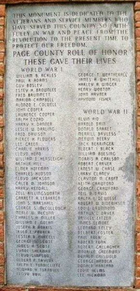 PAGE COUNTY ROLL OF HONOR MEMORIAL GATE TABLET A
