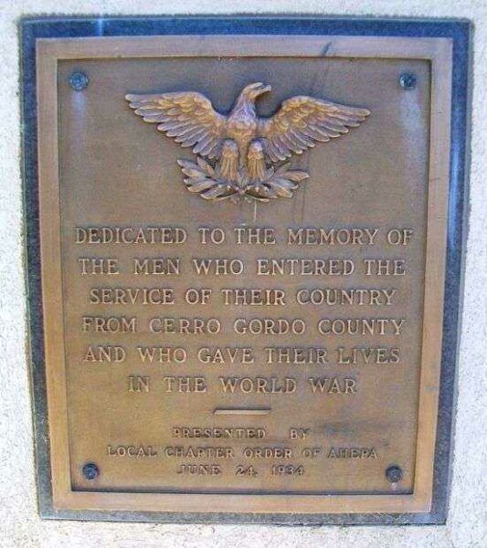CERRO GORDO COUNTY WORLD WAR MEMORIAL PLAQUE