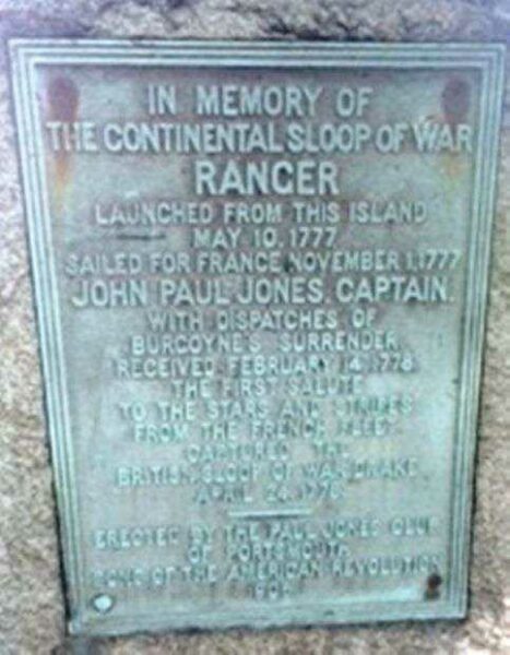 THE CONTINENTAL SLOOP OF WAR RANGER MEMORIAL PLAQUE