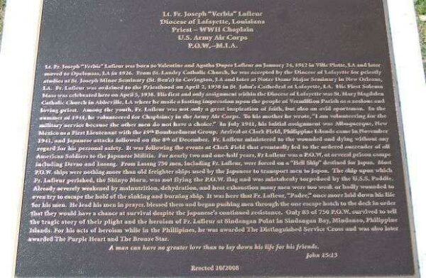 LT. FR. JOSEPH “VERBIS” LAFLEUR WAR MEMORIAL PLAQUE A