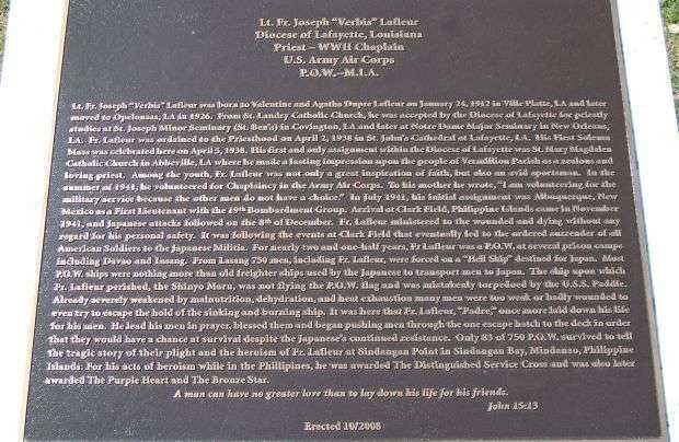 LT. FR. JOSEPH “VERBIS” LAFLEUR WAR MEMORIAL PLAQUE A