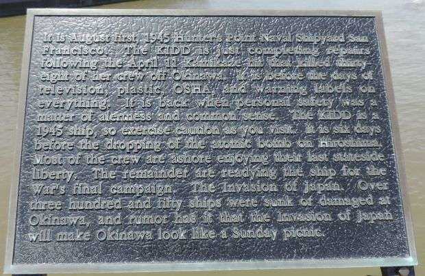 U.S.S. KIDD DD661 NAVAL SHIP WAR MEMORIAL PLAQUE B