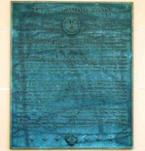 TROY H. MIDDLETON WAR MEMORIAL LIBRARY PLAQUE