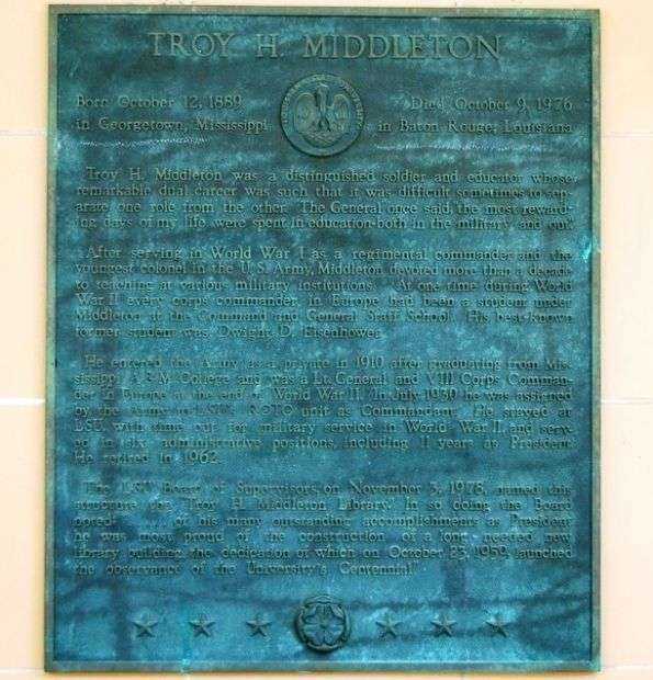 TROY H. MIDDLETON WAR MEMORIAL LIBRARY PLAQUE