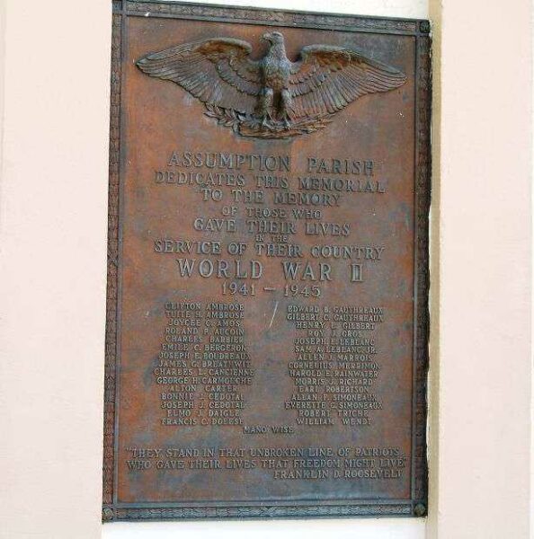ASSUMPTION PARISH WORLD WAR II MEMORIAL HONOR ROLL PLAQUE