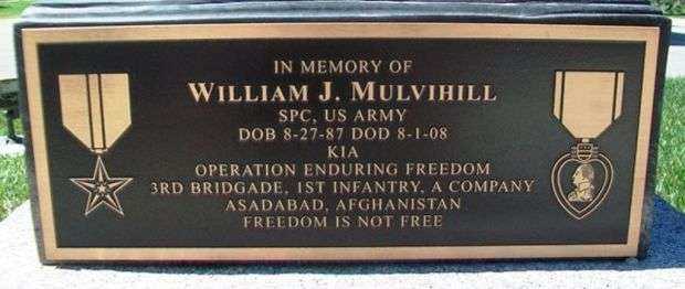 WILLIAM J. MULVIHILL BATTLEFIELD CROSS MEMORIAL PLAQUE