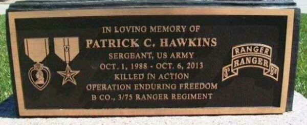 PATRICK C. HAWKINS BATTLEFIELD CROSS MEMORIAL PLAQUE