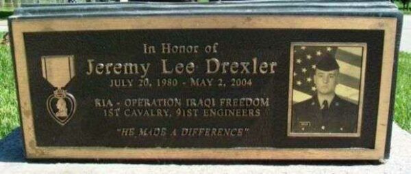 JEREMY LEE DREXLER BATTLEFIELD CROSS MEMORIAL PLAQUE