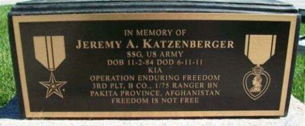 JEREMY A. KATZENBERGER BATTLEFIELD CROSS MEMORIAL PLAQUE
