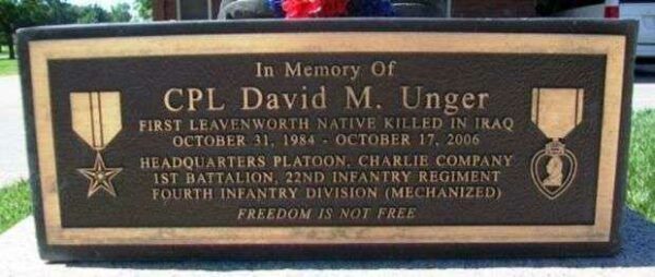 CPL DAVID M. UNGER BATTLEFIELD CROSS MEMORIAL PLAQUE