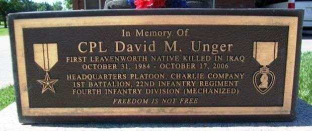 CPL DAVID M. UNGER BATTLEFIELD CROSS MEMORIAL PLAQUE