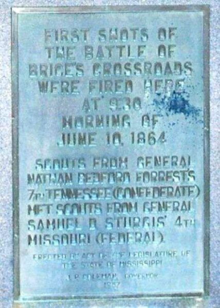 FIRST SHOTS OF THE BATTLE OF BRICE’S CROSSROADS MEMORIAL PLAQUE