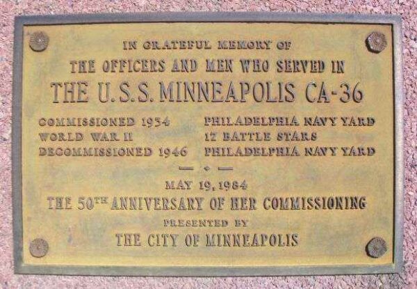 THE U.S.S. MINNEAPOLIS CA-36 WAR MEMORIAL PLAQUE