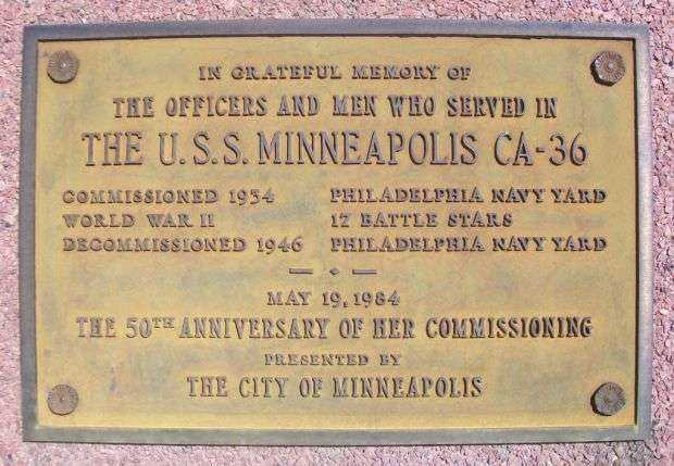 THE U.S.S. MINNEAPOLIS CA-36 WAR MEMORIAL PLAQUE