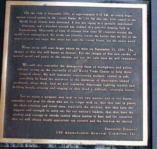 BATTLESHIP COVE 9-11 MEMORIAL PLAQUE A