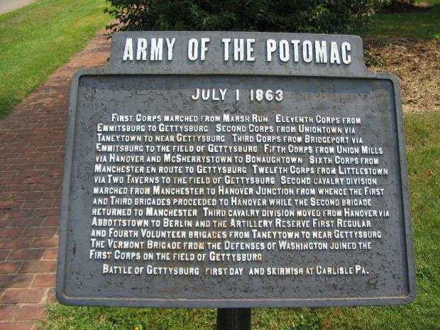 ARMY OF THE POTOMAC JULY 1, 1863 WAR MEMORIAL MARKER