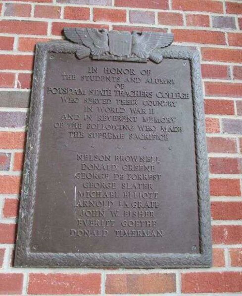 POTSDAM STATE TEACHERS COLLEGE WORLD WAR II MEMORIAL PLAQUE