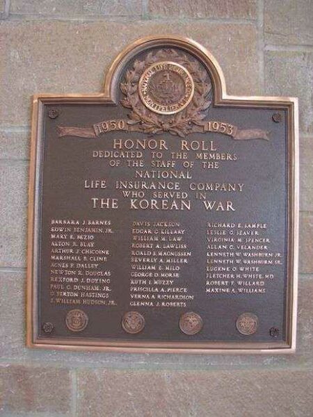 NATIONAL LIFE INSURANCE COMPANY KOREAN WAR MEMORIAL PLAQUE