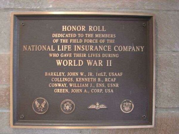 NATIONAL LIFE INSURANCE COMPANY WORLD WAR II MEMORIAL PLAQUE B