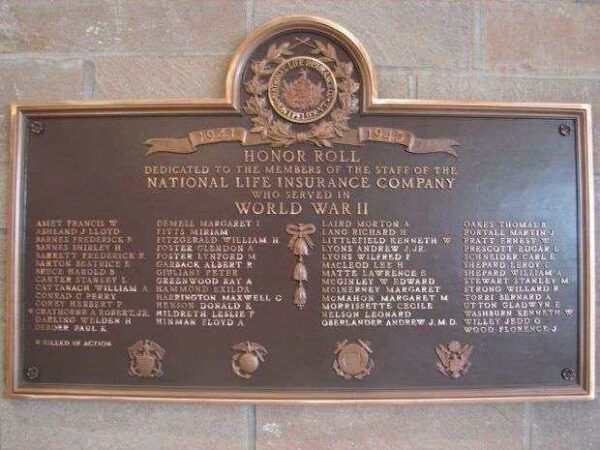 NATIONAL LIFE INSURANCE COMPANY WORLD WAR II MEMORIAL PLAQUE A