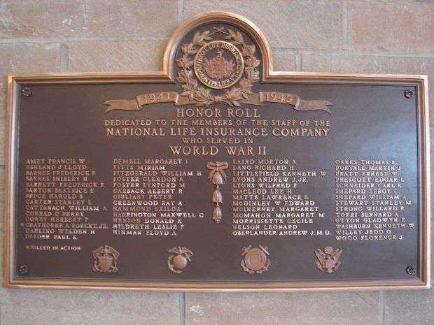 NATIONAL LIFE INSURANCE COMPANY WORLD WAR II MEMORIAL PLAQUE A