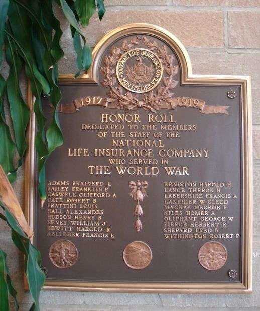 NATIONAL LIFE INSURANCE COMPANY WORLD WAR MEMORIAL PLAQUE