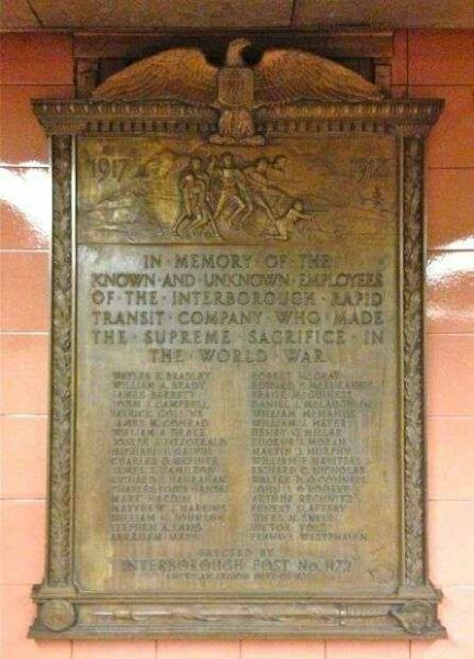 EMPLOYEES OF INTERBOROUGH RAPID TRANSIT COMPANY WORLD WAR MEMORIAL PLAQUE