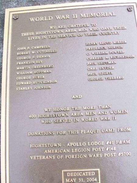 HIGHTSTOWN WORLD WAR II MEMORIAL PLAQUE