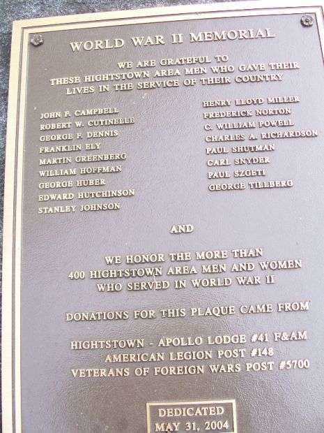 HIGHTSTOWN WORLD WAR II MEMORIAL PLAQUE