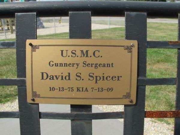 GUNNERY SERGEANT DAVID S. SPICER MEMORIAL BENCH PLAQUE