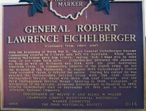 GENERAL ROBERT LAWRENCE EICHELBERGER MEMORIAL MARKER BACK