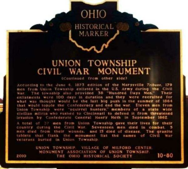 UNION TOWNSHIP CIVIL WAR MONUMENT MARKER BACK