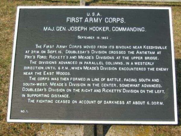 FIRST ARMY CORPS MAJ. GEN. HOOKER WAR MEMORIAL PLAQUE