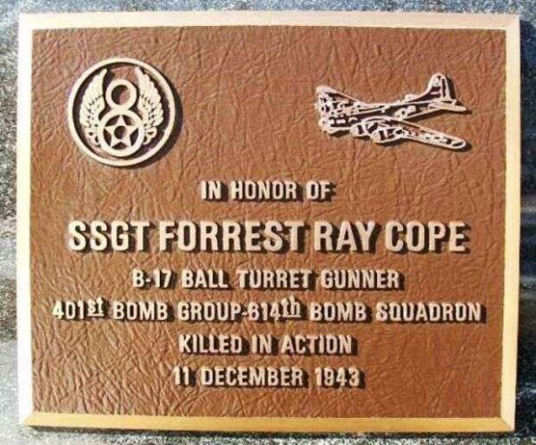 SSGT FORREST RAY COPE WAR MEMORIAL PLAQUE